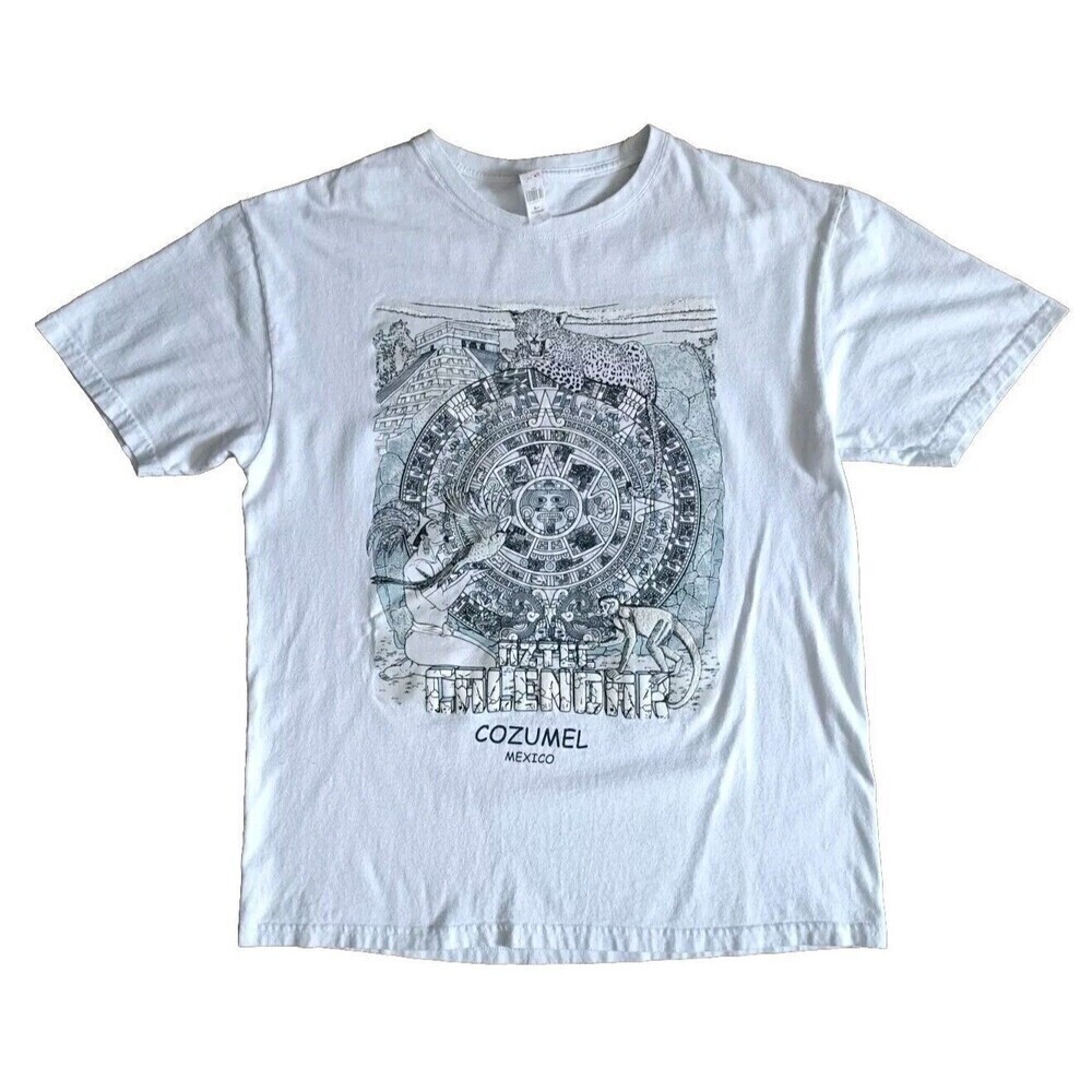 Aztec Calendar Cozumel Mexico Graphic T-Shirt Mens Medium White Animal Graphic